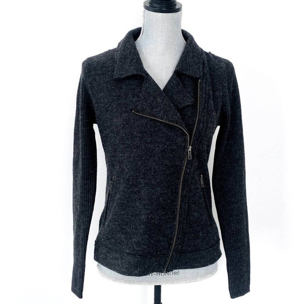 Willi Smith Charcoal Wool Knit Moto Jacket Sz S Soft Moto Rib Knit Sleeve Fitted